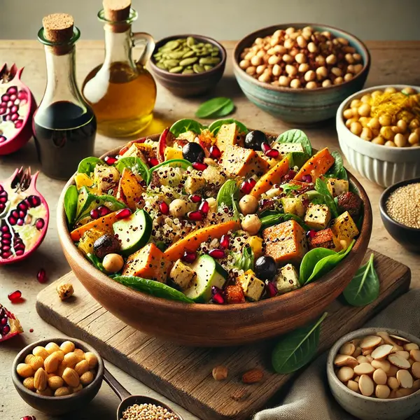 Quinoa Salad with Roasted Vegetables and Pomegranate, surrounded by toppings like grilled chicken, chickpeas, tofu, nuts, balsamic glaze, tahini dressing, and goat cheese on a rustic wooden table.