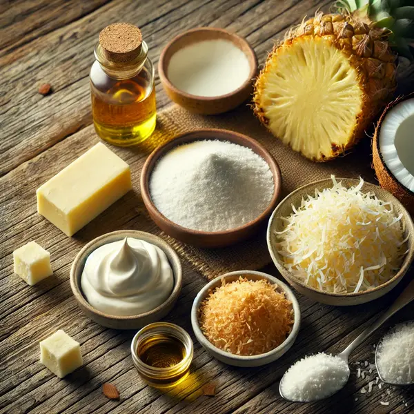 Coconut Pineapple Cake frosting ingredients – softened cream cheese, butter, powdered sugar, coconut extract, and toasted shredded coconut, arranged on a rustic wooden surface.
