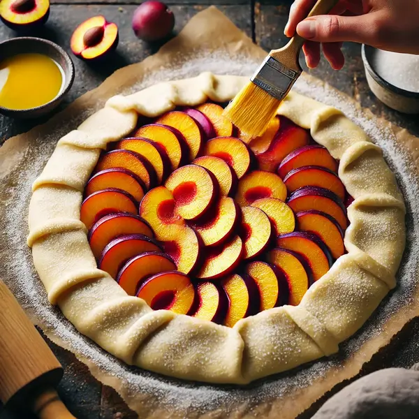 A close-up of an unbaked plum galette with a golden dough base, neatly arranged plum slices in the center, and folded, pleated edges. A pastry brush is coating the crust with egg wash while coarse sugar is being sprinkled on top. The scene is set on a rustic wooden surface with baking tools nearby.