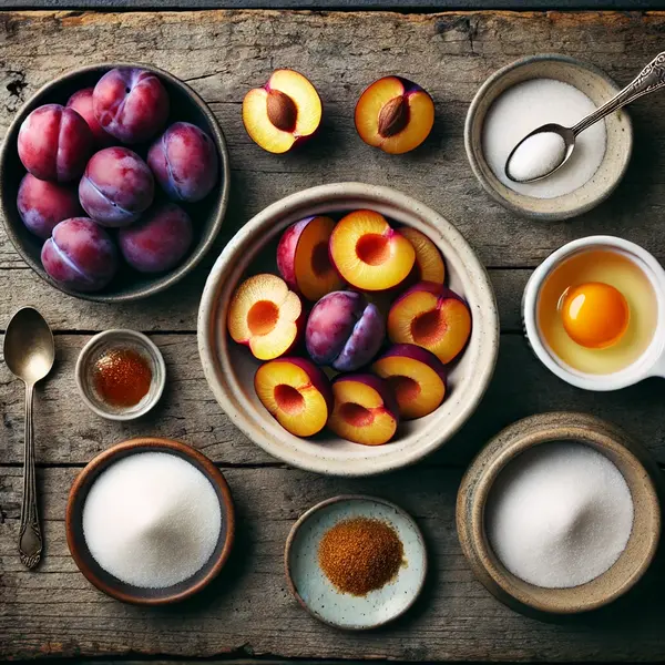 An overhead shot of fresh ingredients for a plum galette, displayed on a rustic wooden background. A bowl of thinly sliced ripe plums is surrounded by small dishes of sugar, cornstarch, cinnamon, lemon juice, and vanilla extract. A cracked egg sits in a dish for egg wash, and a small bowl holds coarse sugar for sprinkling. The arrangement is visually appealing and naturally lit.