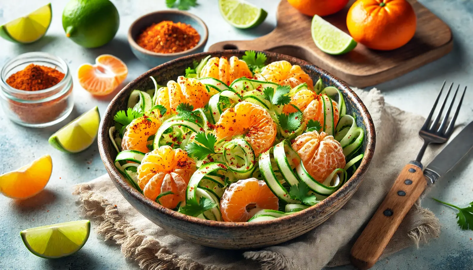 A vibrant Tangerine Jicama Salad with juicy tangerine slices, crisp jicama, fresh cilantro, and a sprinkle of chili powder, garnished with lime wedges and light dressing in a rustic bowl.
