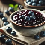 A bowl of rich, glossy homemade blueberry sauce with whole blueberries, served on a rustic wooden table with a spoon beside it.