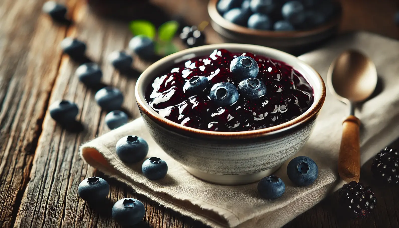 A bowl of rich, glossy homemade blueberry sauce with whole blueberries, served on a rustic wooden table with a spoon beside it.