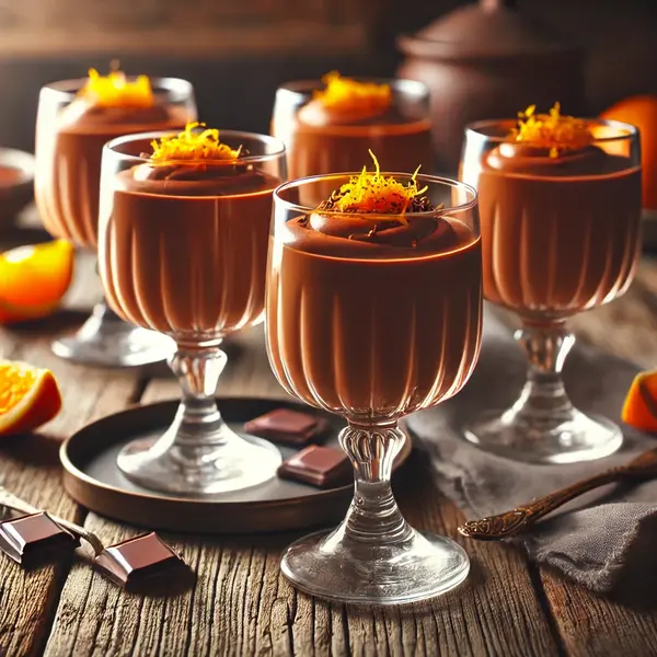 Serving glasses filled with creamy orange chocolate mousse, garnished with orange zest and chocolate shavings, placed on a rustic wooden table with warm natural lighting.