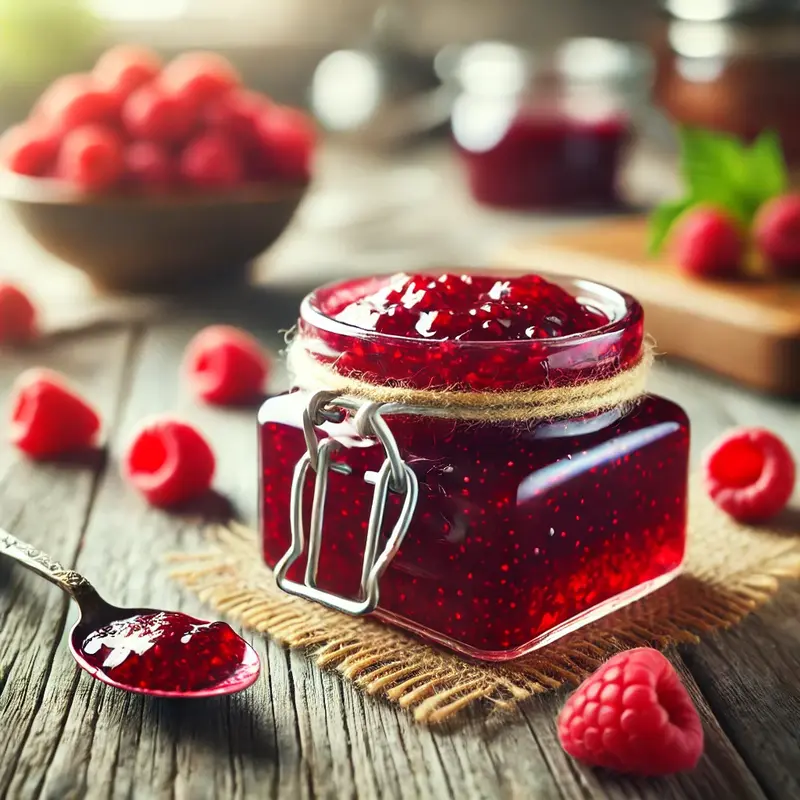 A jar of homemade raspberry jam on a rustic wooden table, surrounded by fresh raspberries and a spoon with jam.