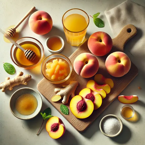A top-down view of ingredients for ginger peach sorbet, including four ripe peaches, peeled and sliced, on a wooden cutting board. Nearby, a small dish holds honey or maple syrup, a tiny bowl contains freshly grated ginger, and a glass of water or orange juice is placed alongside. A small dish of lemon juice and a pinch of salt complete the setup. The ingredients are displayed on a bright, clean surface with soft natural lighting, accented by scattered peach slices and mint leaves.