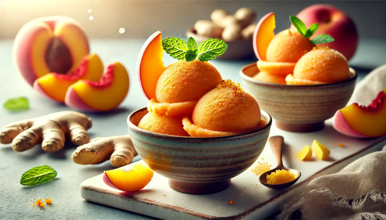 A visually stunning bowl of ginger peach sorbet with a smooth, creamy texture and vibrant orange hue. The sorbet is garnished with fresh peach slices, a sprinkle of finely grated ginger, and mint leaves for a refreshing touch. The background is softly blurred with warm, natural lighting, creating a summery and inviting atmosphere.