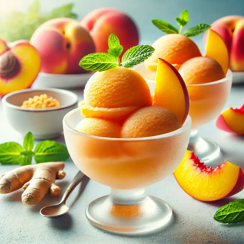 A vibrant bowl of ginger peach sorbet with a smooth, creamy texture and rich orange hue. The sorbet is garnished with fresh peach slices, a sprinkle of finely grated ginger, and a few mint leaves for a refreshing touch. The background is softly blurred with warm, natural lighting, enhancing the summery and inviting atmosphere.