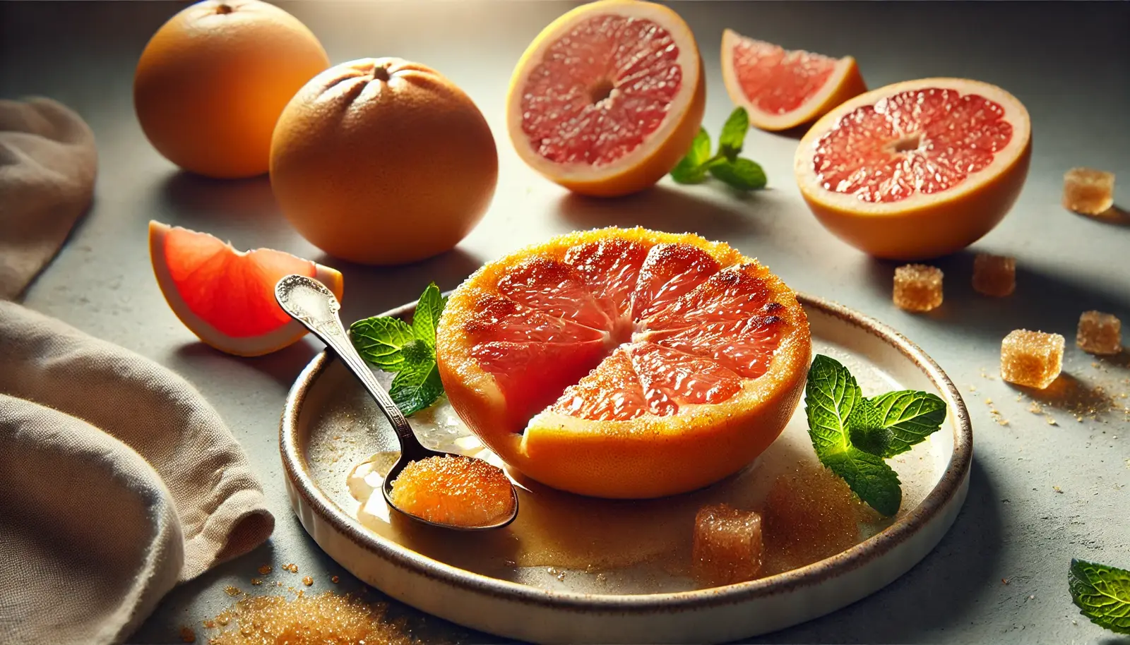 A halved grapefruit with a caramelized, golden-brown sugar crust, slightly cracked to reveal the juicy citrus beneath, garnished with fresh mint leaves on a stylish plate. A small spoon rests beside it, with a bite taken out to showcase the texture. Whole grapefruits and a sliced half sit in the softly lit background, creating an elegant presentation.