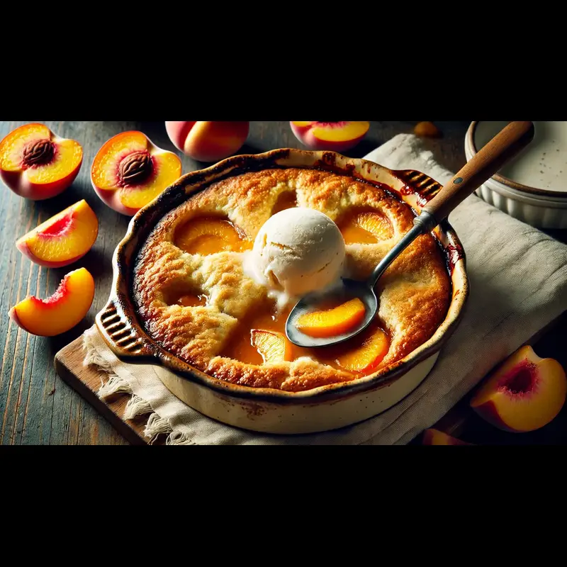 A plate of homemade peach cobbler with juicy peach filling, flaky crust, and a scoop of vanilla ice cream, dusted with cinnamon.