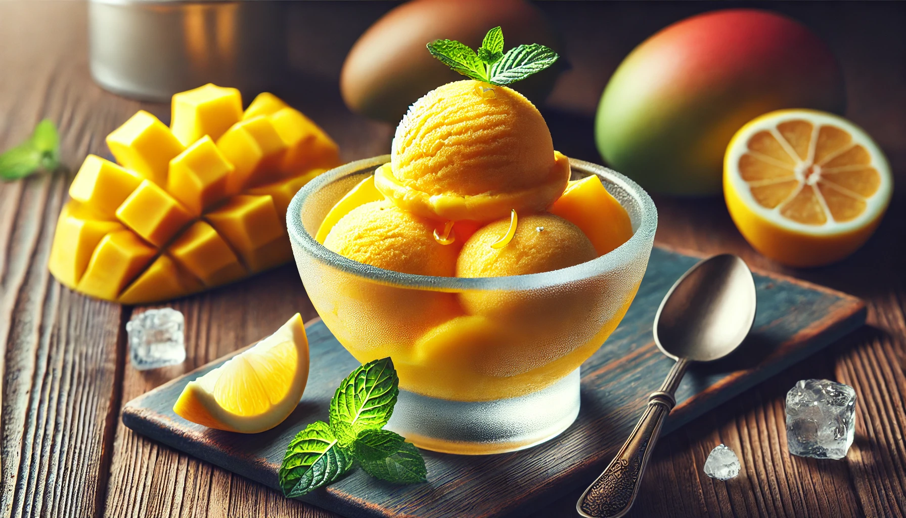 A wide-angle shot of a bowl filled with smooth, bright yellow-orange lemon mango sorbet, garnished with fresh mint leaves and thin lemon slices. Whole mangoes and a halved lemon sit in the softly lit background, creating a fresh and summery vibe.