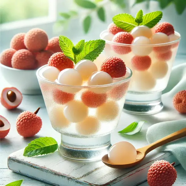 A beautifully presented lychee jelly dessert in a glass cup, featuring a translucent, glossy texture with whole lychee fruits suspended inside. The jelly is garnished with fresh mint leaves and a drizzle of lychee syrup for a refreshing look. The background is clean, bright, and softly blurred, enhancing the tropical and inviting feel of the dessert.