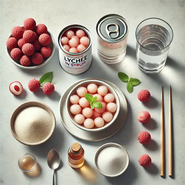 A top-down view of lychee jelly ingredients, including a can of lychee in syrup with some lychees in a dish, a glass of water, a bowl of sugar, a small dish with agar-agar powder or gelatin, and a tiny bottle of vanilla extract. The ingredients are displayed on a light-colored surface with soft natural lighting, accompanied by fresh lychees and mint leaves for an elegant touch.