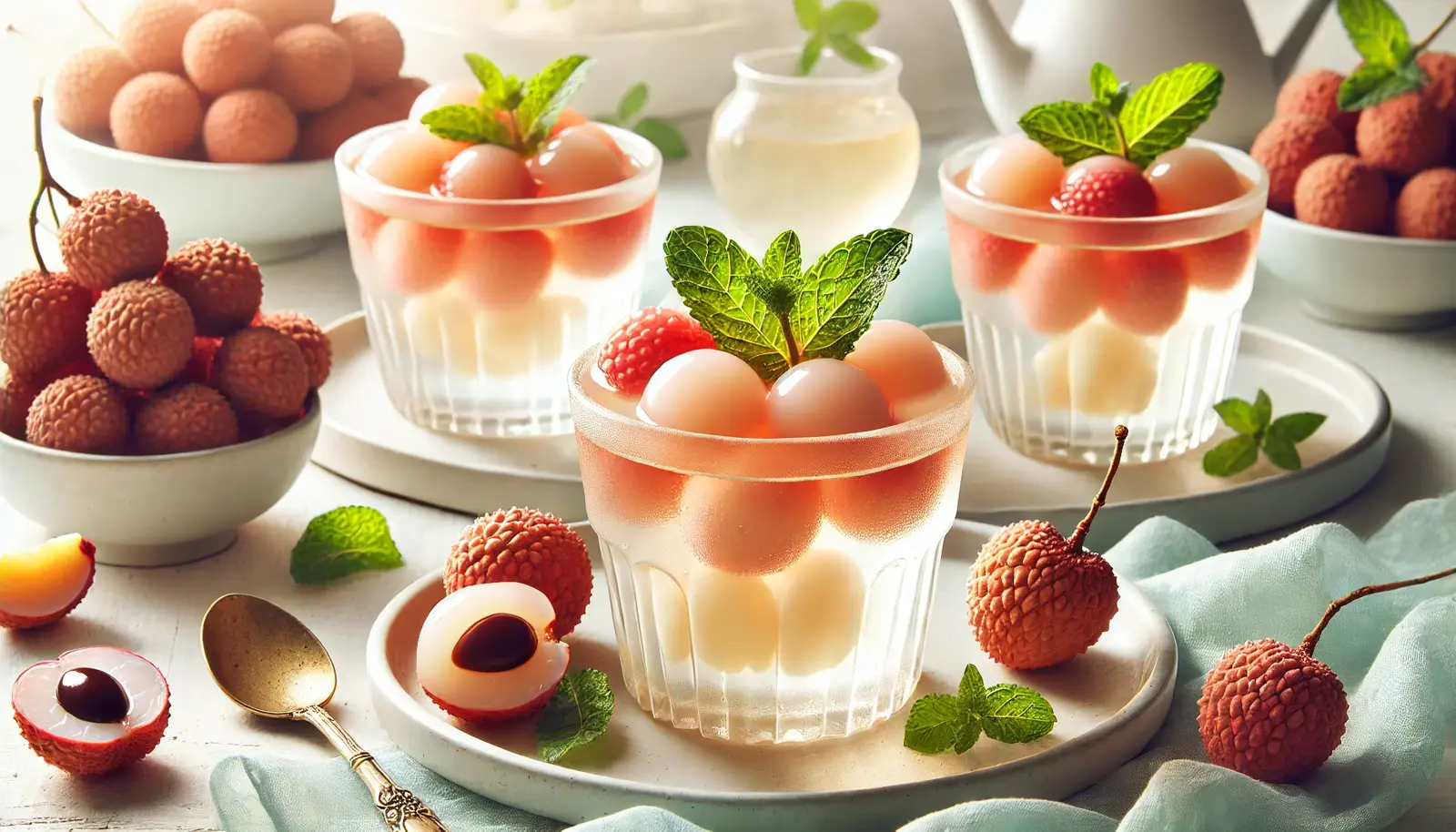 A beautifully presented lychee jelly dessert served in elegant glass cups, with whole lychee fruits suspended in the translucent jelly. Garnished with fresh mint leaves and a drizzle of lychee syrup, the dessert glows under soft, natural lighting. The background is light and airy with pastel tones, evoking a fresh, tropical feel.