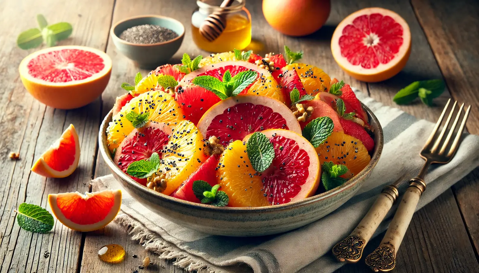 A vibrant mixed citrus salad with sliced oranges, grapefruits, and blood oranges, garnished with fresh mint, honey drizzle, and chia seeds, served in a stylish bowl on a rustic wooden table.