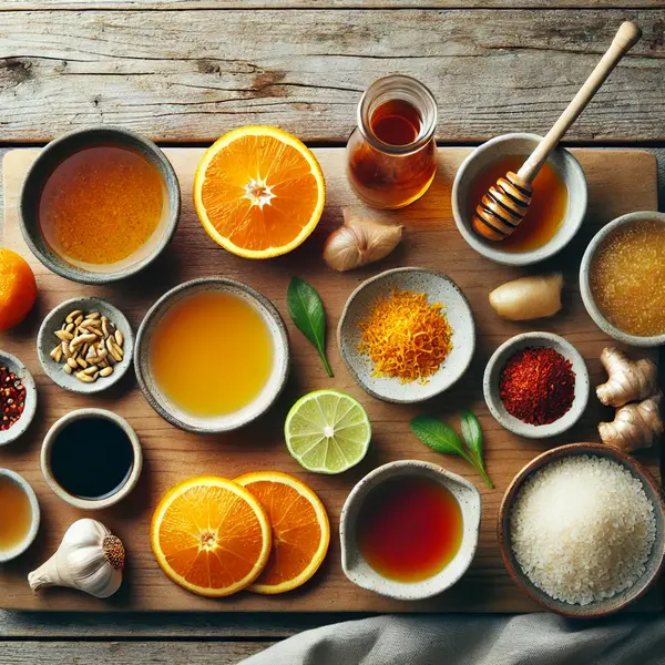 A neatly arranged flat lay of fresh ingredients for Orange Chicken sauce, including orange juice, zest, honey, soy sauce, rice vinegar, cornstarch mixture, ginger, garlic, red pepper flakes, and sesame oil on a rustic wooden surface.
