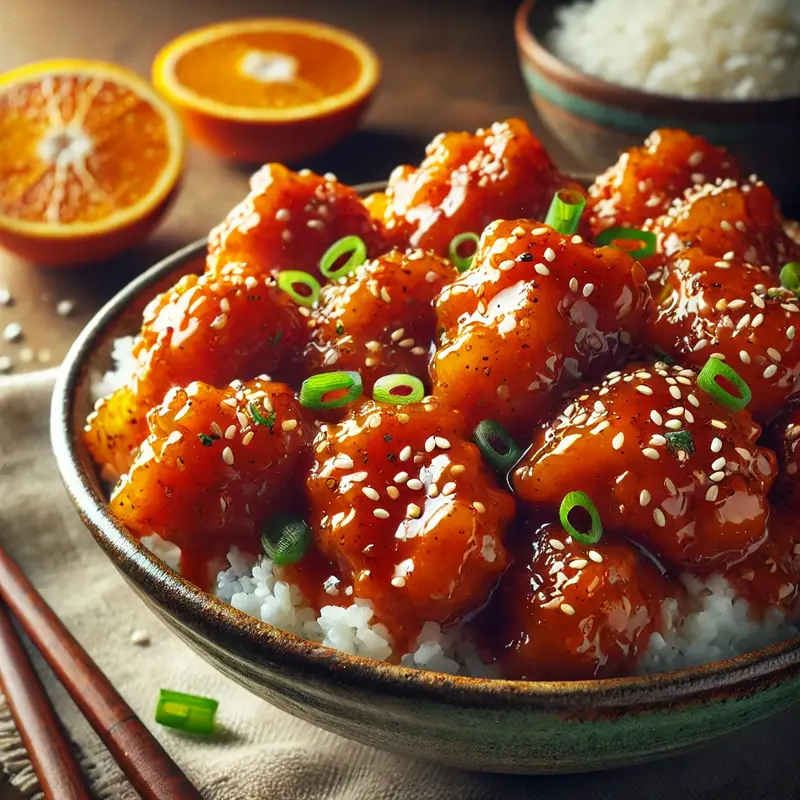 Crispy orange chicken coated in a glossy, tangy sauce, garnished with sesame seeds and green onions, served with white rice in a rustic ceramic bowl, with orange slices and chopsticks on the side.