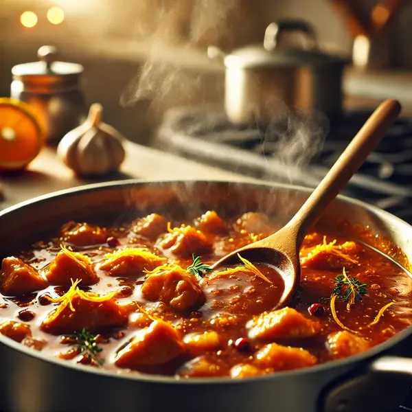 A saucepan on a stovetop with simmering homemade orange chicken sauce, rich and glossy, with visible orange zest, garlic, and red pepper flakes, being stirred with a wooden spoon.