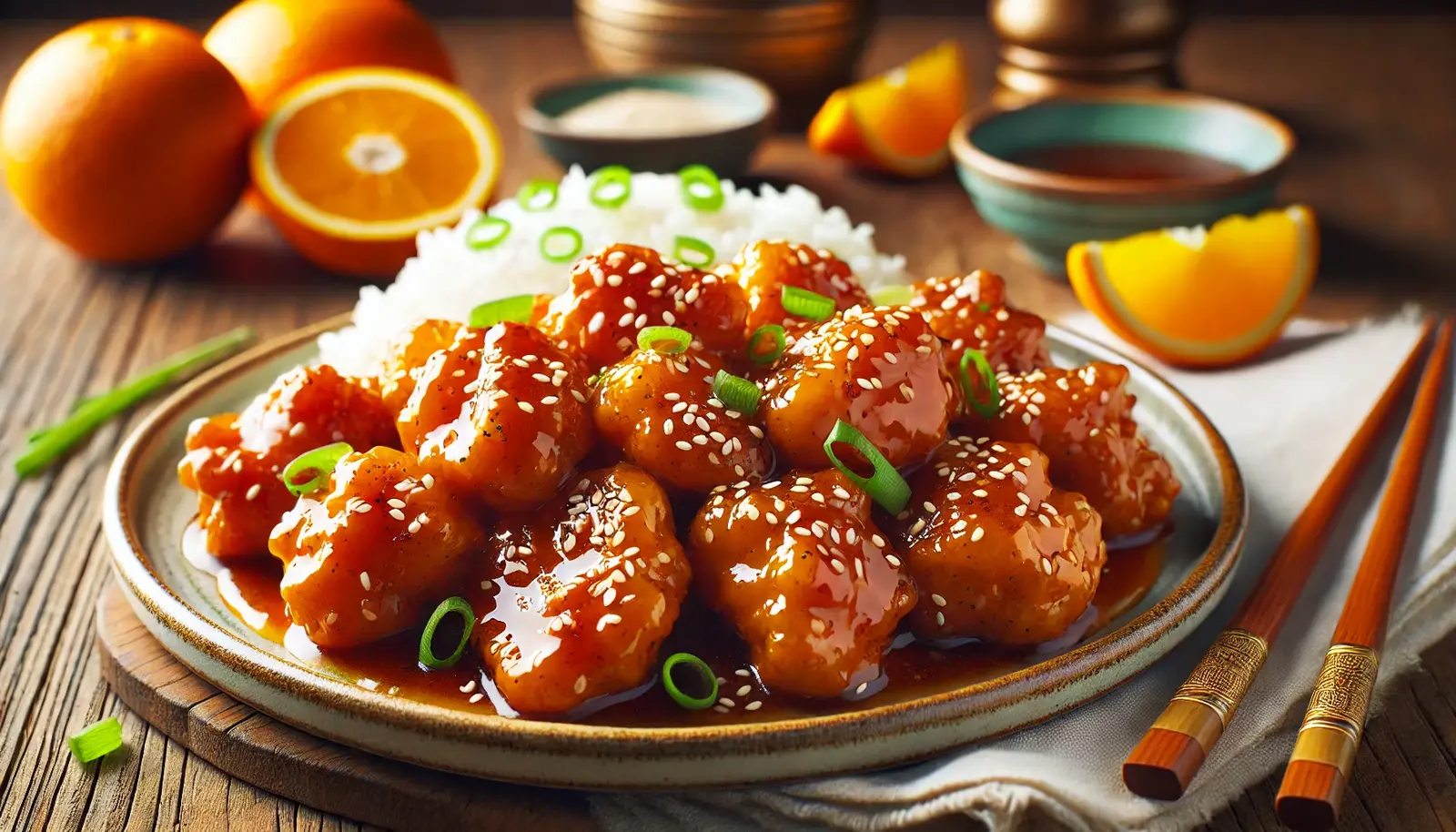 Crispy homemade orange chicken coated in a tangy, sweet orange sauce, garnished with sesame seeds and green onions, served with white rice on a rustic ceramic plate.
