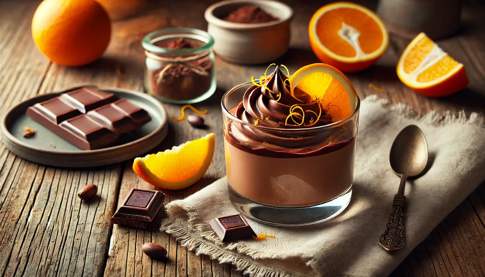 A beautifully presented orange chocolate mousse in a glass cup, garnished with orange zest and chocolate shavings. The dessert sits on a rustic wooden table with fresh oranges and cocoa beans around, illuminated by soft natural light.