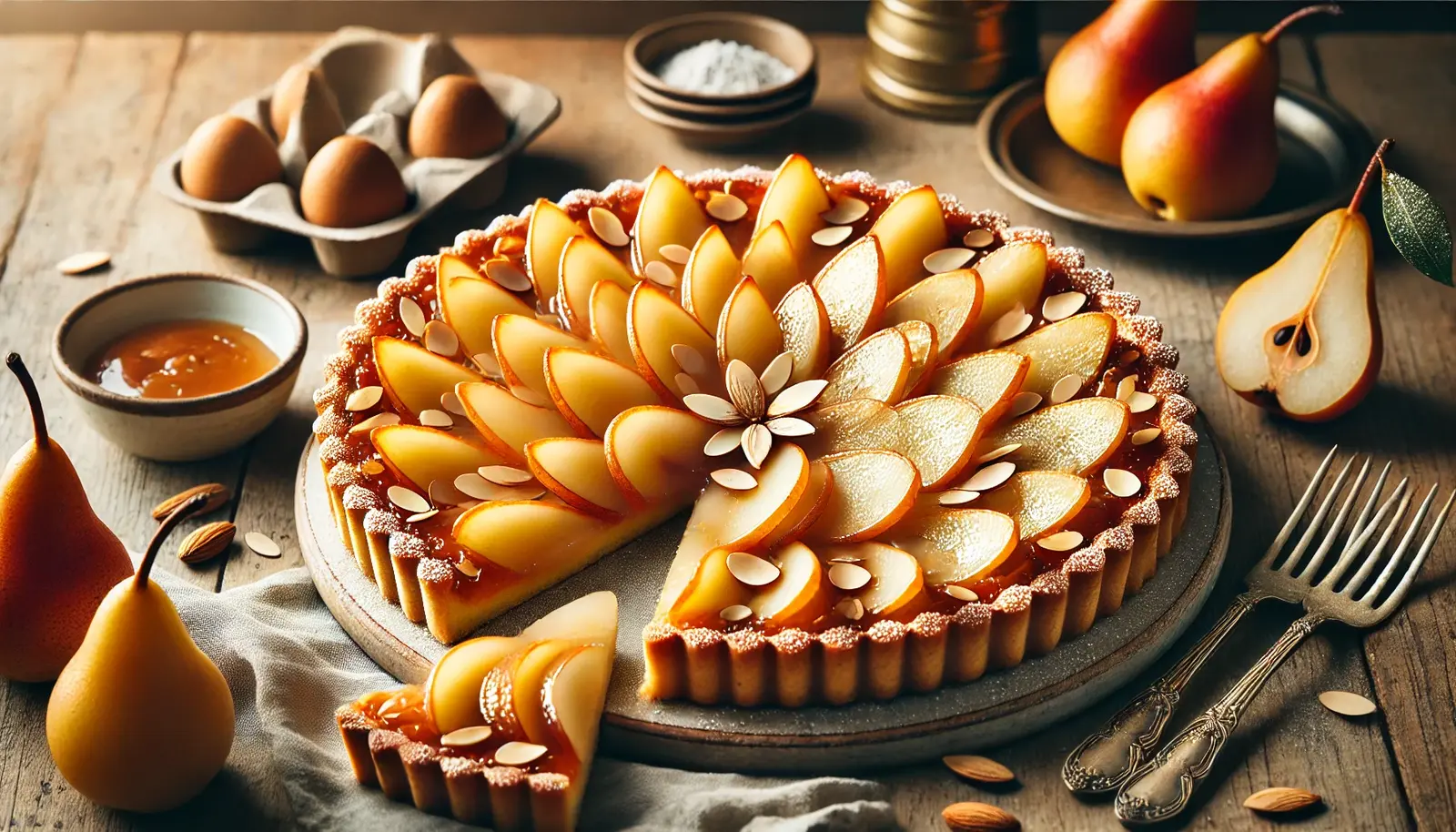Golden pear almond tart with caramelized poached pears, glossy apricot glaze, toasted almonds, and powdered sugar on a rustic wooden table.