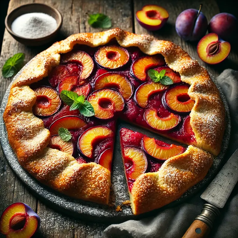 A rustic plum galette with a crisp, golden-brown crust and vibrant plum slices, slightly caramelized at the edges. The dessert is dusted with powdered sugar and garnished with fresh mint. A slice is removed, showcasing the rich, fruity interior. Placed on a wooden table with soft, natural lighting.