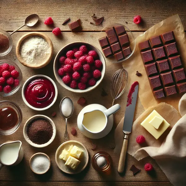 A top-down view of neatly arranged ingredients for raspberry chocolate truffles. A bowl of finely chopped dark chocolate, a measuring cup with heavy cream, a dish of smooth raspberry puree, a pat of unsalted butter on a small plate, and a spoon of vanilla extract are set on a wooden surface. Scattered raspberries and chocolate shavings add a decorative touch.