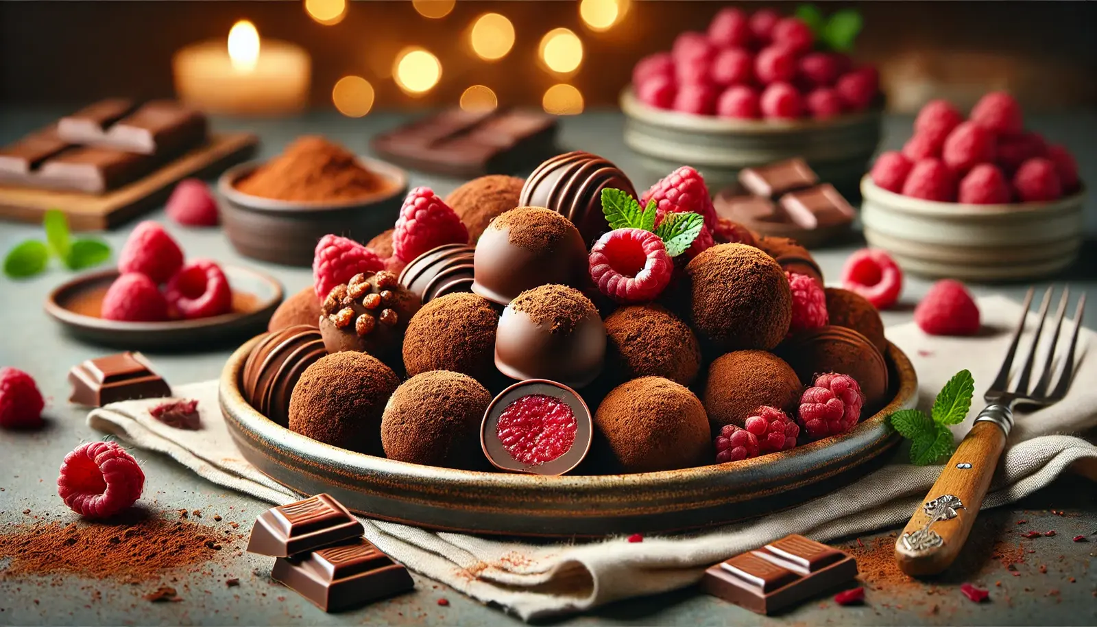 A visually striking plate of raspberry chocolate truffles in a variety of coatings—cocoa powder, crushed freeze-dried raspberries, and chopped nuts. Some truffles are cut open to showcase the smooth, rich chocolate ganache filling. Fresh raspberries and chocolate shavings are artistically arranged around the plate, with a softly blurred background and warm lighting for an inviting presentation.