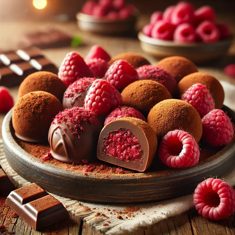 A close-up of raspberry chocolate truffles on a rustic wooden plate. The truffles are coated in cocoa powder and crushed freeze-dried raspberries, with a few cut open to reveal a smooth dark chocolate ganache filling. Fresh raspberries and chocolate shavings surround the plate for an elegant touch. The background is softly blurred with warm lighting.