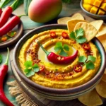 A bowl of golden Spicy Mango Hummus garnished with red chili flakes, fresh herbs, and served with crispy pita chips and fresh vegetables.