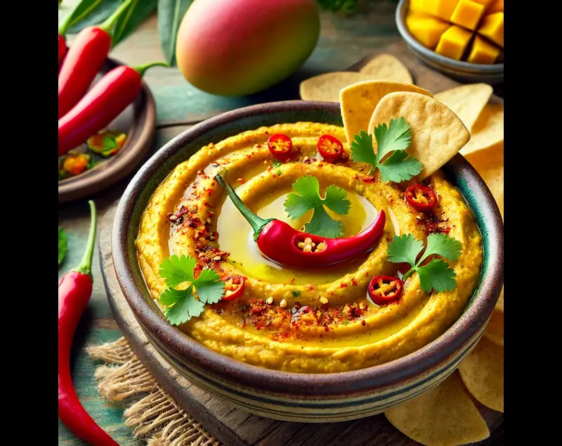 A bowl of golden Spicy Mango Hummus garnished with red chili flakes, fresh herbs, and served with crispy pita chips and fresh vegetables.