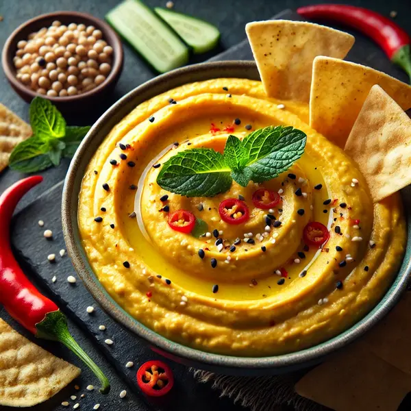 A creamy bowl of golden Spicy Mango Hummus, topped with red chili flakes, sesame seeds, and fresh mint, served with crispy pita chips and sliced vegetables on a dark slate background.