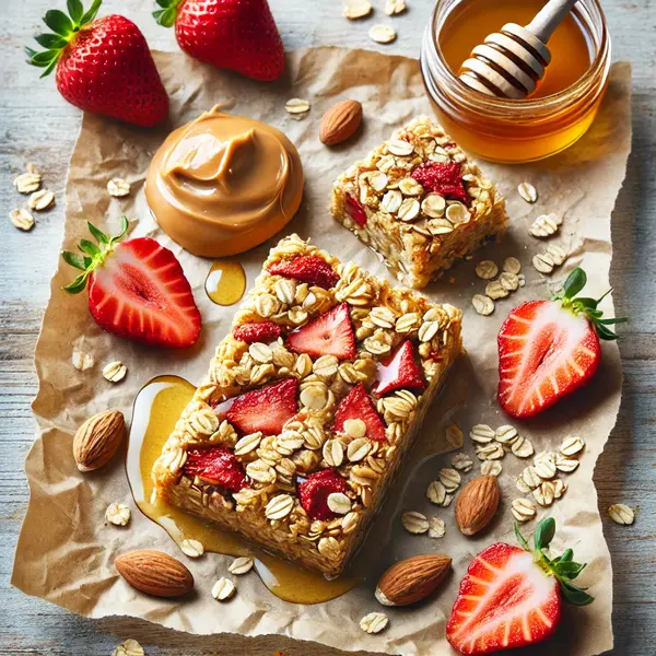 Top-down view of homemade strawberry granola bars on parchment paper, packed with oats, nuts, and dried or fresh strawberry pieces. A drizzle of honey or maple syrup glistens on top, with almond butter and fresh strawberries nearby on a rustic wooden surface.