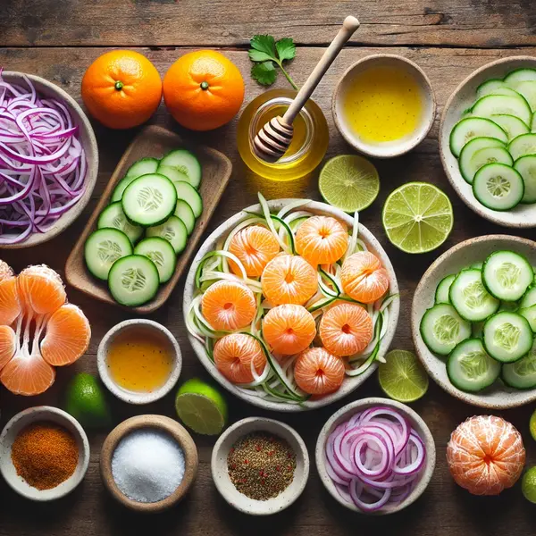 A beautifully arranged flat lay of fresh ingredients for Tangerine Jicama Salad, including tangerines, jicama, cucumber, red onion, lime juice, honey, chili powder, salt, pepper, cilantro, and olive oil.