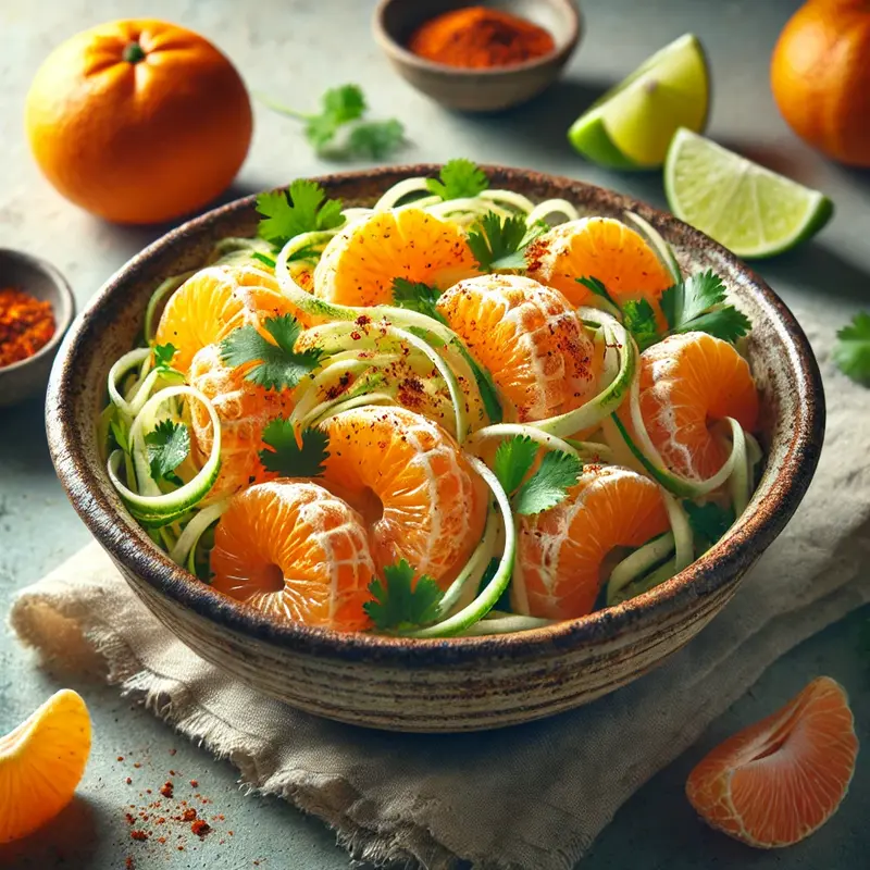 A realistic Tangerine Jicama Salad in a rustic ceramic bowl, featuring juicy tangerine slices, crisp jicama, fresh cilantro, and a light sprinkle of chili powder, garnished with lime wedges.