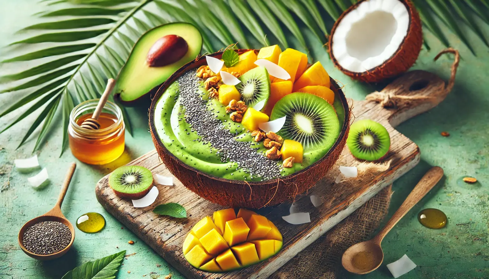 A vibrant tropical smoothie bowl with an avocado smoothie base, topped with mango, kiwi, coconut flakes, chia seeds, granola, and a drizzle of honey.
