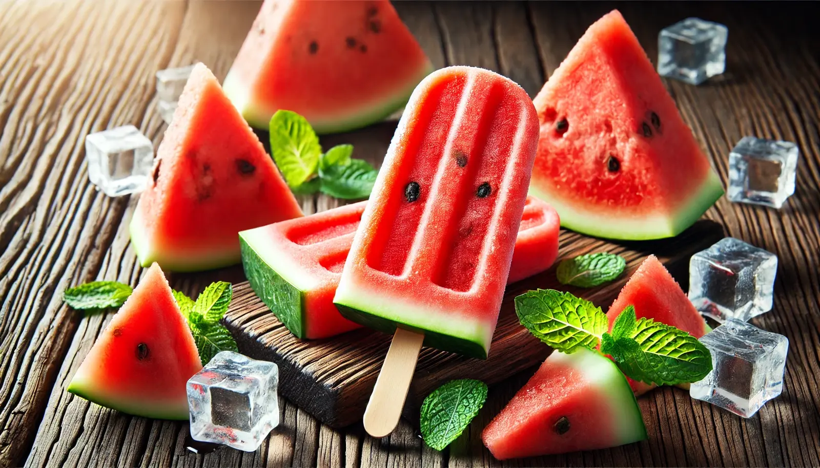 Refreshing homemade watermelon popsicles with natural fruit texture, arranged on a rustic wooden surface with fresh watermelon slices, mint leaves, and ice cubes.