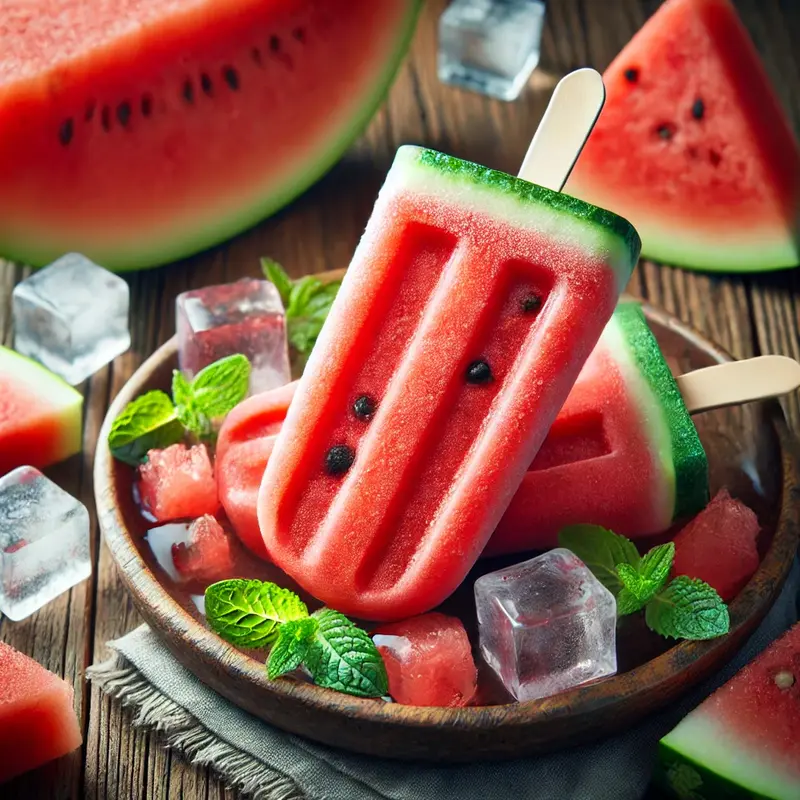 Bright and refreshing homemade watermelon popsicles on a rustic wooden plate, surrounded by fresh watermelon slices, mint leaves, and ice cubes.