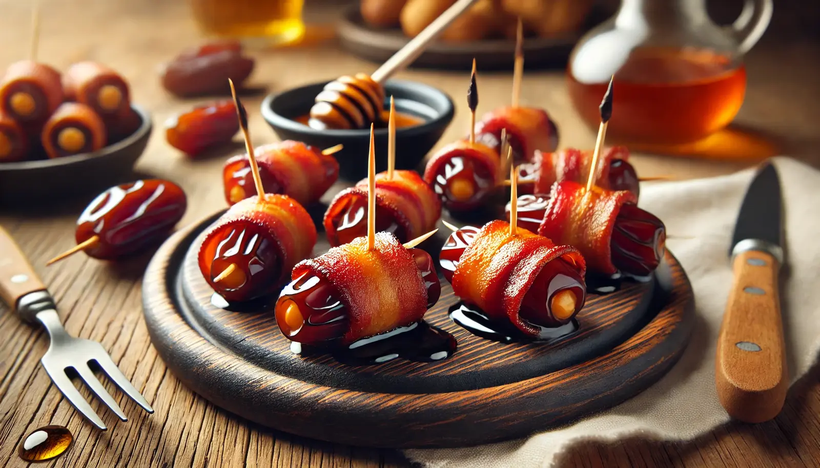 A plate of crispy bacon-wrapped dates stuffed with creamy cheese, served on a rustic wooden board with a small dish of honey or balsamic glaze for dipping.