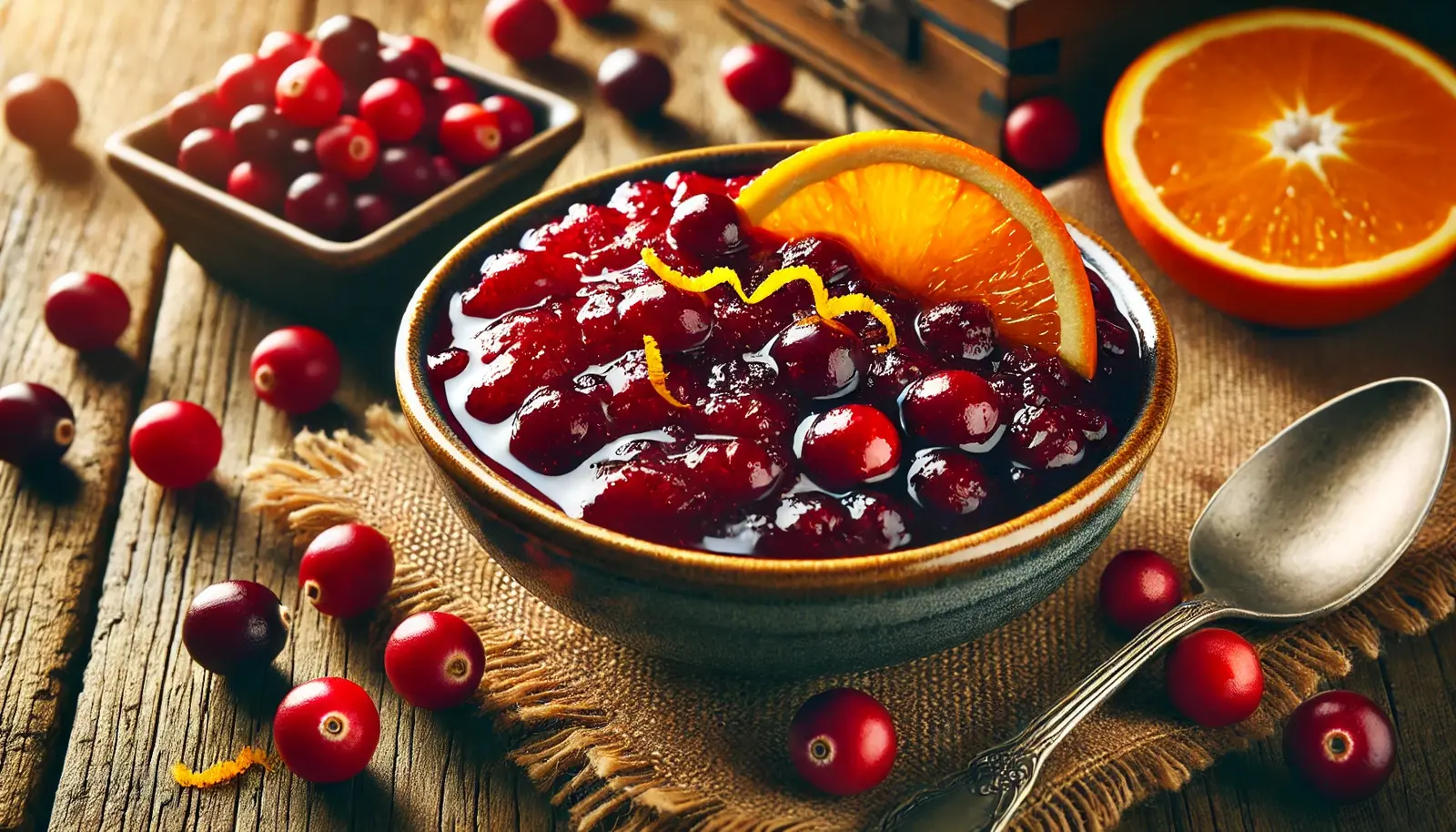 A bowl of homemade cranberry sauce with a glossy texture, garnished with fresh cranberries and orange zest, placed on a wooden table.