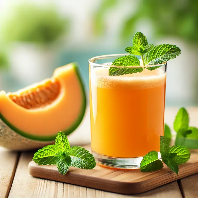 A refreshing glass of vibrant orange cantaloupe mint juice on a wooden table, garnished with fresh mint leaves. Slices of ripe cantaloupe and sprigs of mint are placed beside the glass, with a softly blurred bright kitchen background