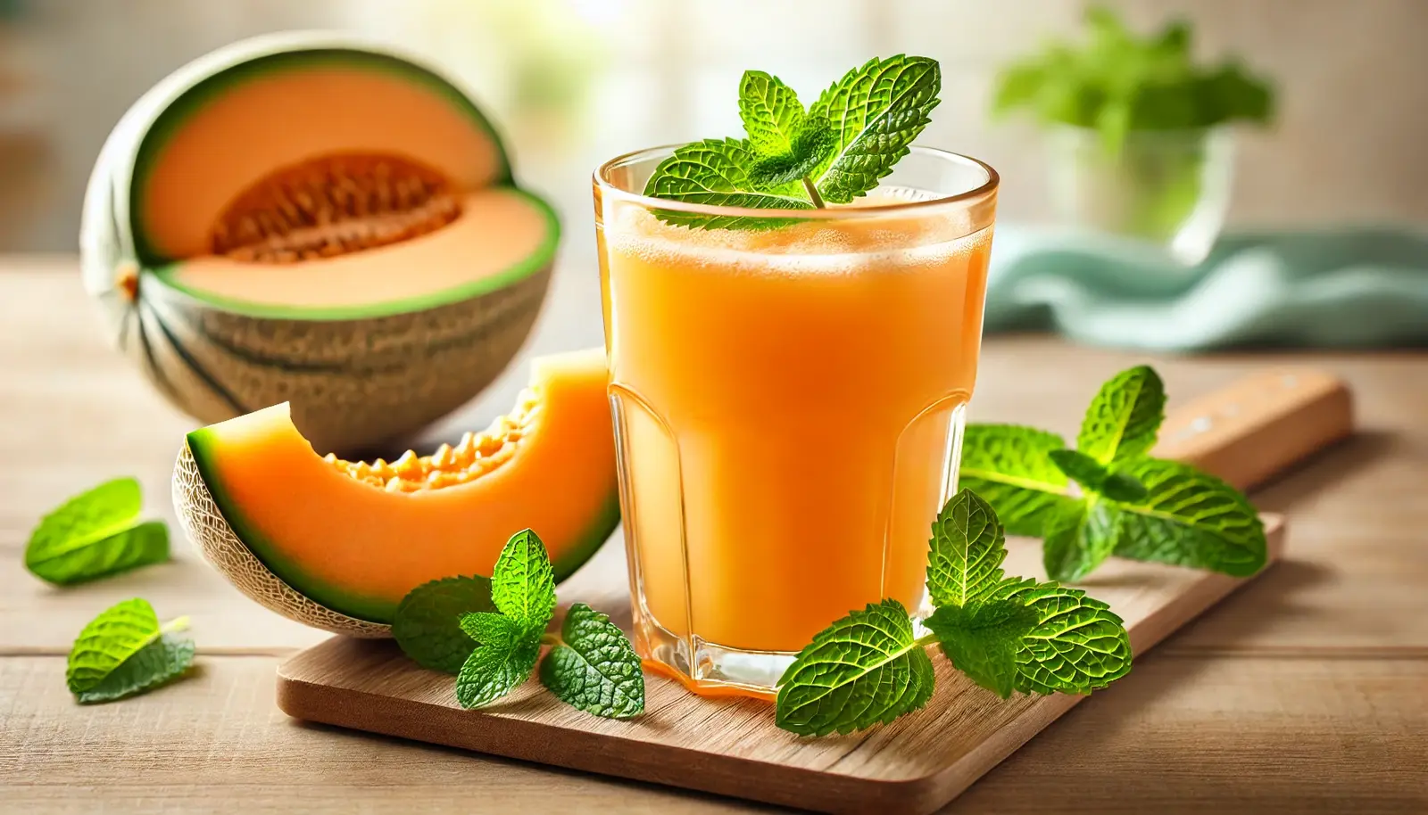 A refreshing glass of vibrant orange cantaloupe mint juice on a wooden table, garnished with fresh mint leaves. Slices of ripe cantaloupe and sprigs of mint are arranged beside the glass, with a softly blurred bright kitchen background.