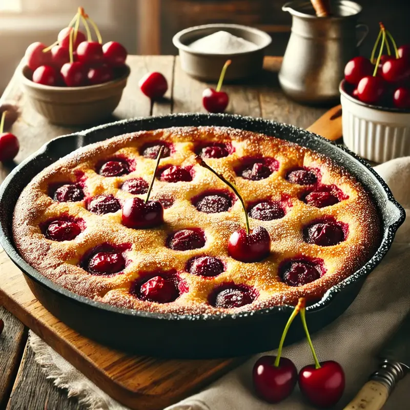A golden-brown Cherry Clafoutis in a cast-iron skillet, with juicy cherries peeking through the custard filling, dusted with powdered sugar and garnished with fresh cherries.