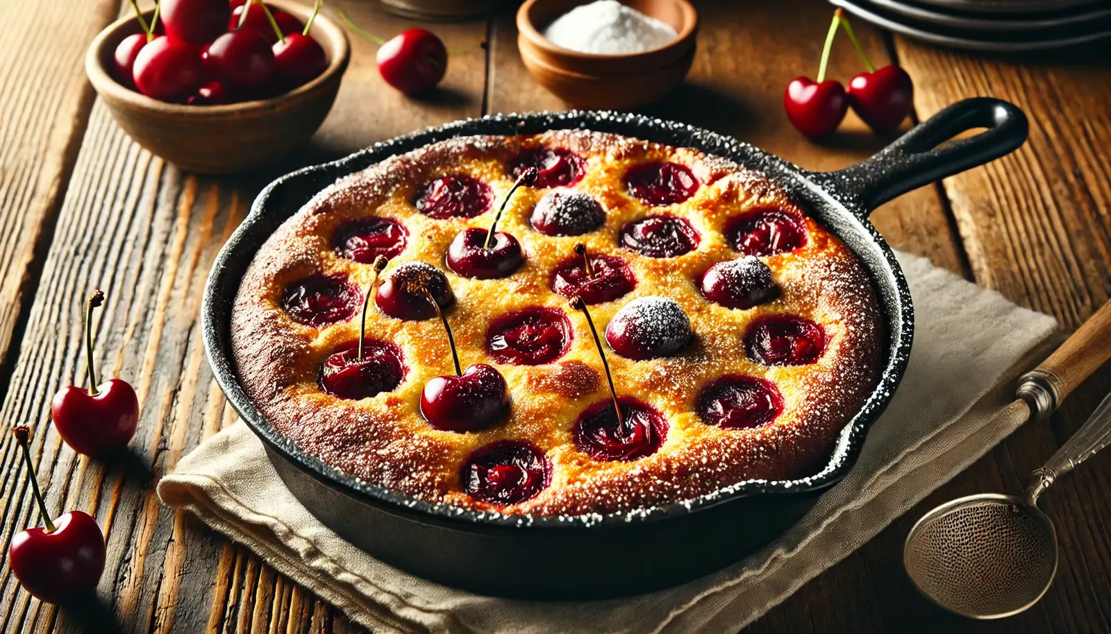 A golden-brown Cherry Clafoutis in a rustic cast-iron skillet, with juicy cherries peeking through the custard filling, dusted with powdered sugar, and garnished with fresh cherries.