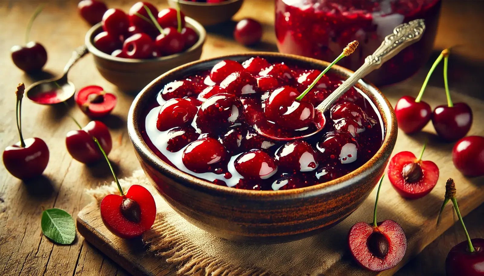 A rich, glossy Cherry Compote in a rustic bowl, with whole and halved cherries, placed on a wooden surface with fresh cherries and a spoon drizzling the compote.