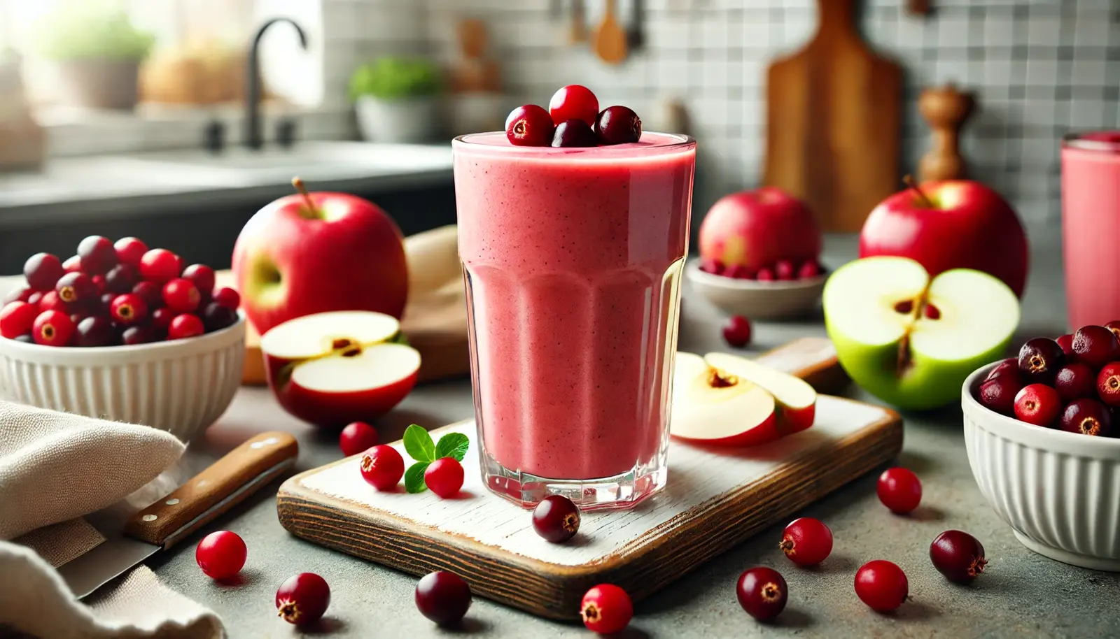 A vibrant pinkish-red Cranberry Apple Smoothie in a tall glass, garnished with cranberries and apple slices, set in a bright kitchen.