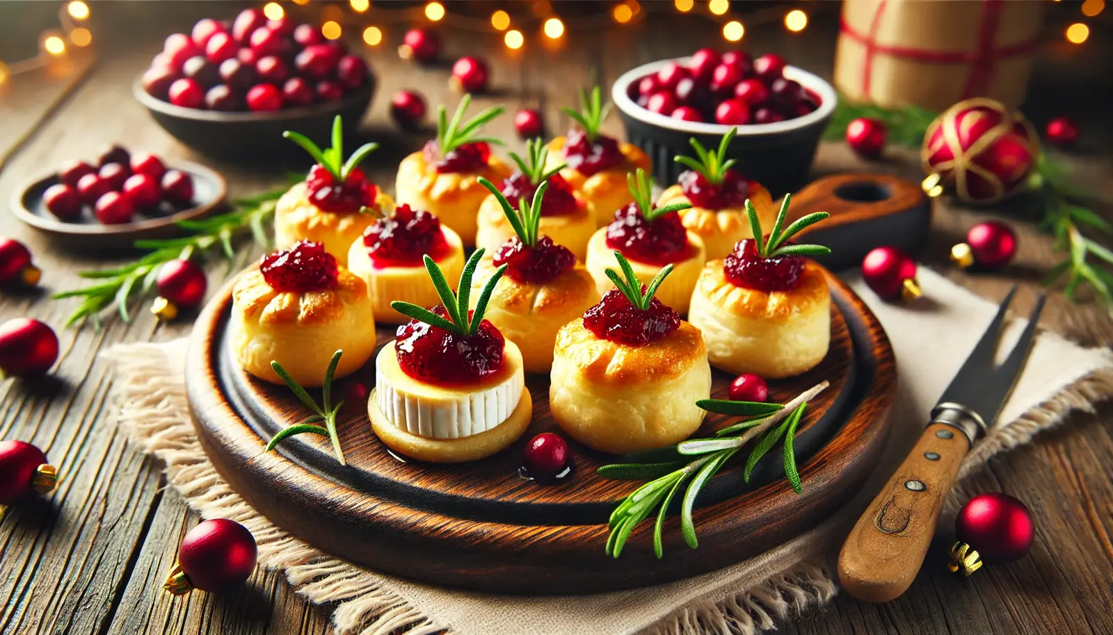 A plate of golden, flaky Cranberry Brie Bites made with puff pastry, melted Brie cheese, and a dollop of cranberry sauce, garnished with fresh rosemary. The setting is warm and festive with scattered cranberries.