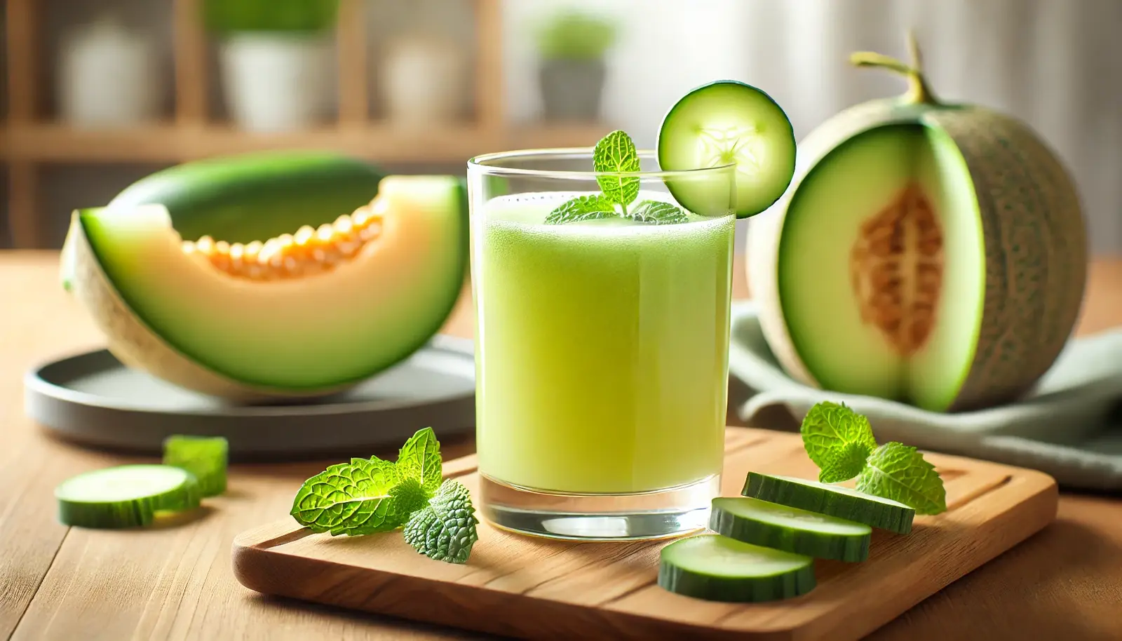 A refreshing glass of light green cucumber melon juice on a wooden table, garnished with a cucumber slice and fresh mint leaves. Slices of honeydew melon and cucumber are placed nearby, with a softly blurred bright kitchen background