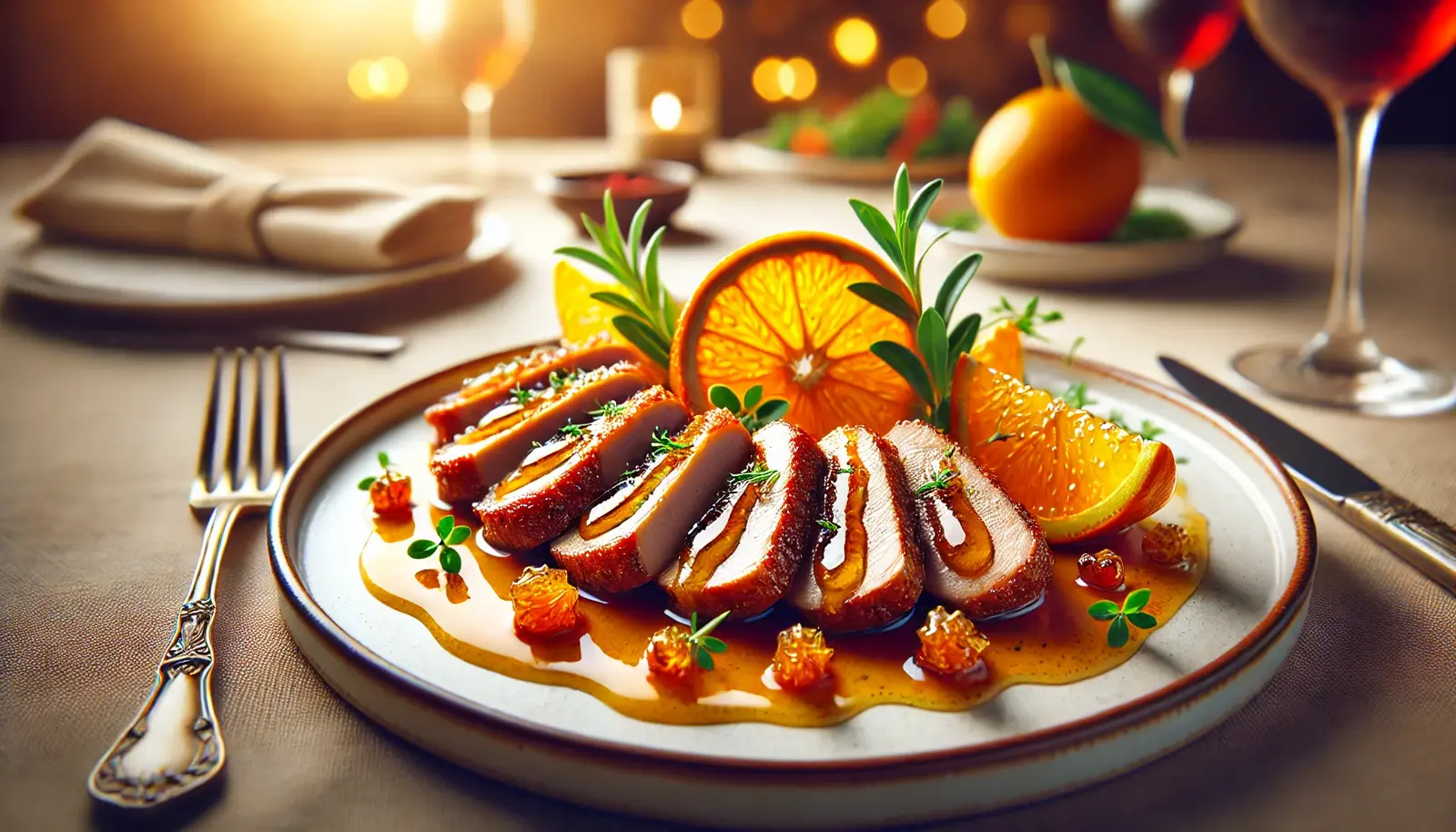 A gourmet plate of crispy duck breast medallions drizzled with glossy orange sauce, garnished with fresh orange slices and herbs. The background is softly blurred with a warm, fine-dining restaurant ambiance.