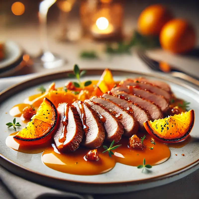 A close-up of crispy duck breast medallions drizzled with glossy orange sauce, garnished with fresh orange slices and herbs on a white plate. The background is softly blurred with a warm, fine-dining restaurant ambiance